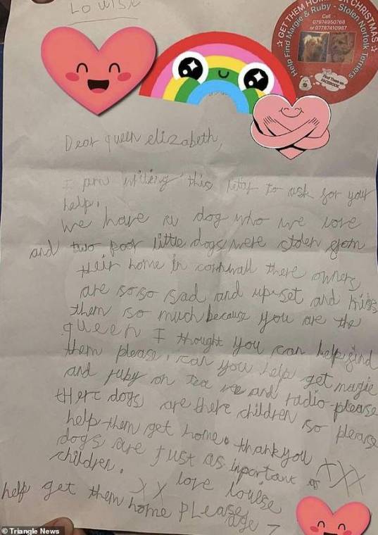 7-річна дівчинка написала листа королеві з проханням допомогти знайти двох зниклих норфолк-тер'єрів