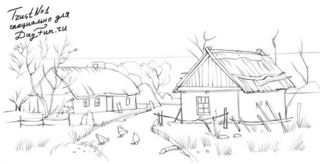 Малюнки олівцем сільський будинок